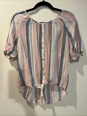 Coral Bay Striped Button-Front Tie-Hem Top — Peach & Navy